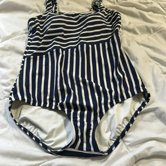 Lands End striped one piece swimsuit size 12 blue / white - Picture 3 of 6